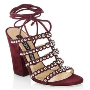 NEW SERGIO ROSSI Elettra Studded Suede Block Heel Sandals In Cherry